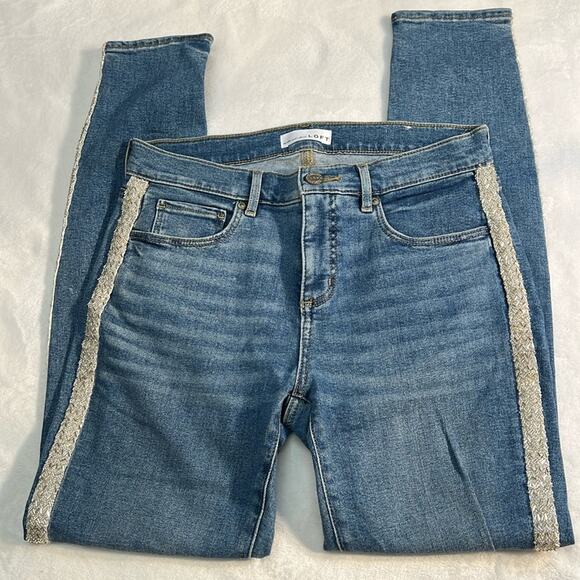 LOFT Made & Loved Beaded Sparkle Stripe Skinny Jeans. Size 4. EUC. - Picture 1 of 8